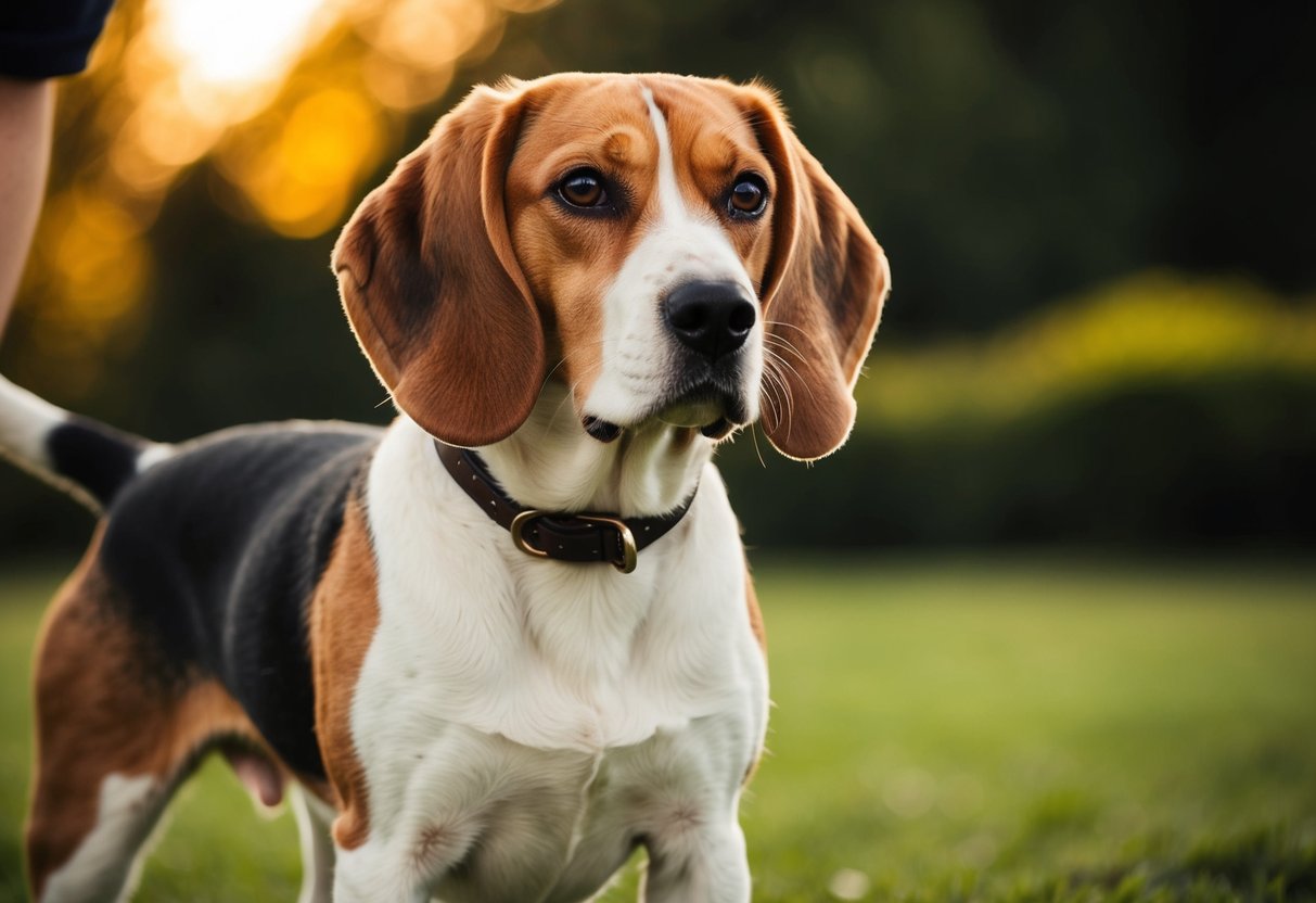 A beagle stands alert, ears perked and tail raised, guarding its owner with a determined gaze