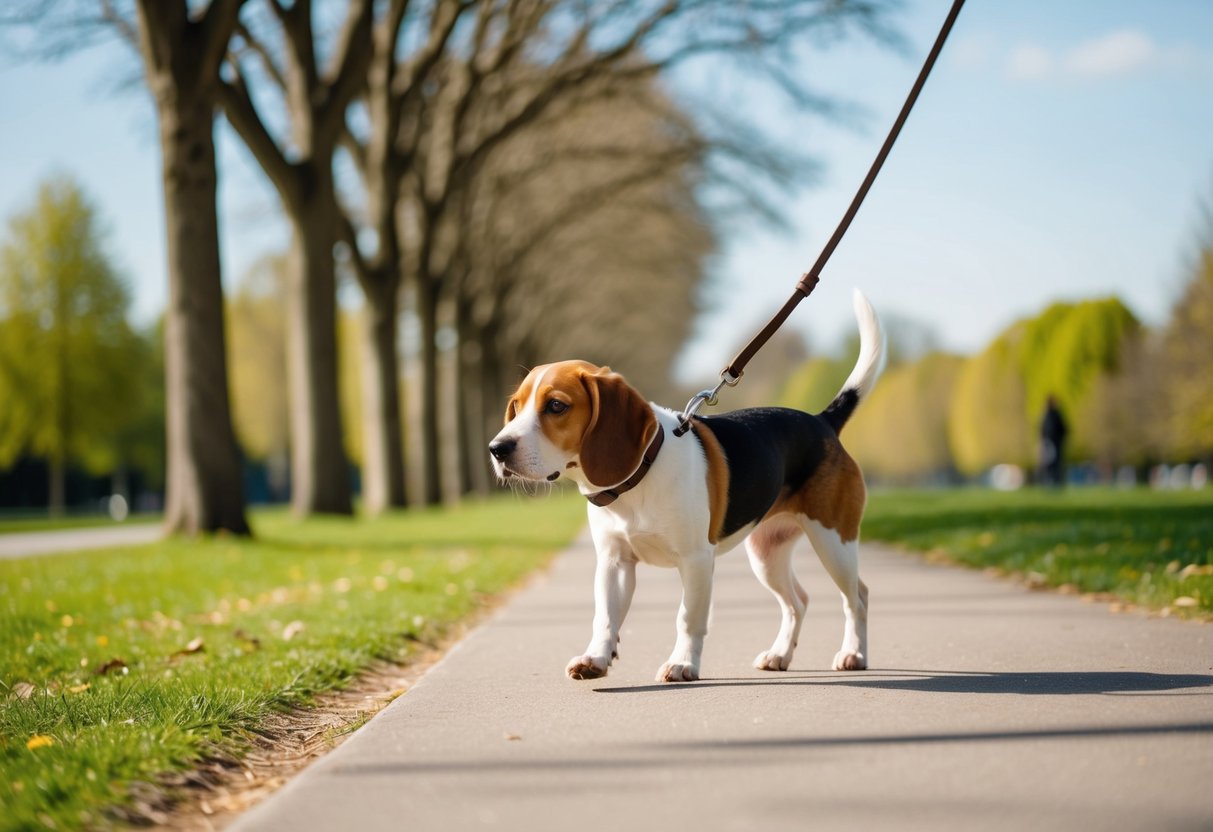 A beagle on a leash, walking along a tree-lined path in a park on a sunny day