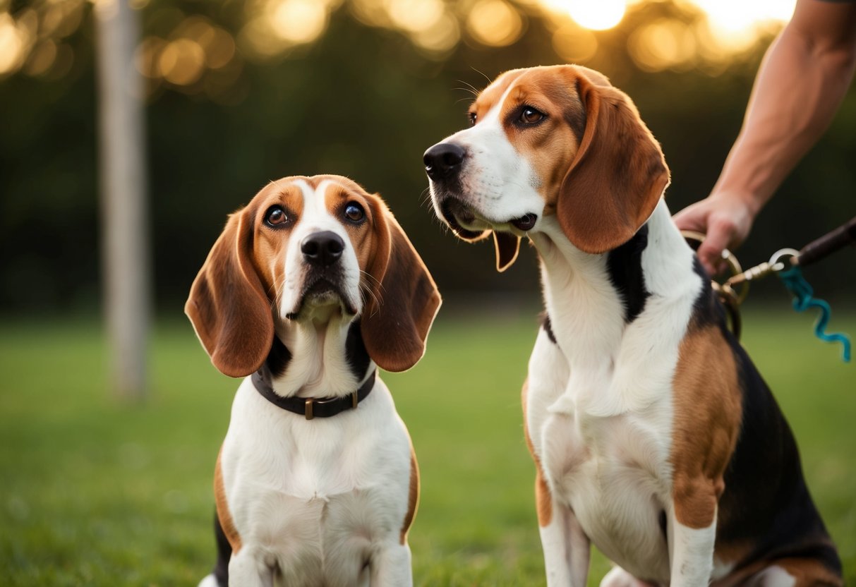 A beagle stands alert, ears perked and tail raised, beside its owner during a socialization and training session for protection
