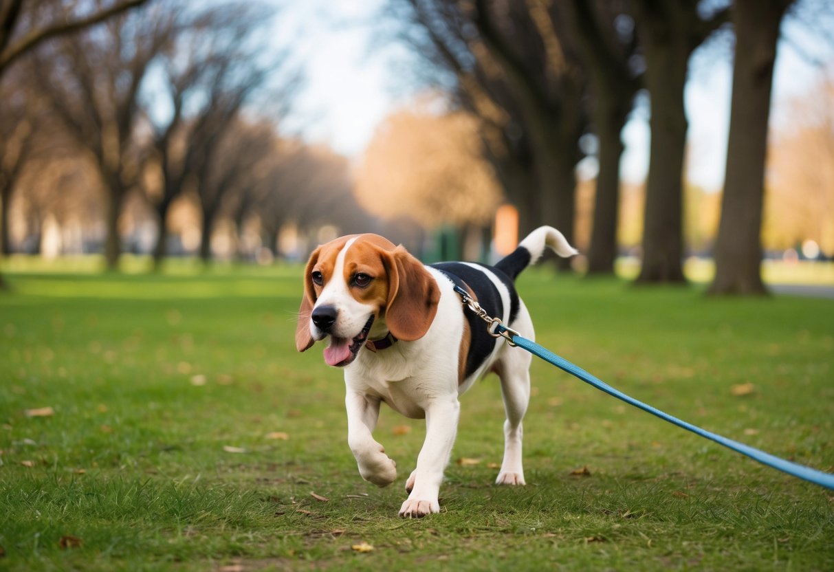 A Beagle eagerly pulls on a leash during a brisk walk through a park, surrounded by trees and grassy areas