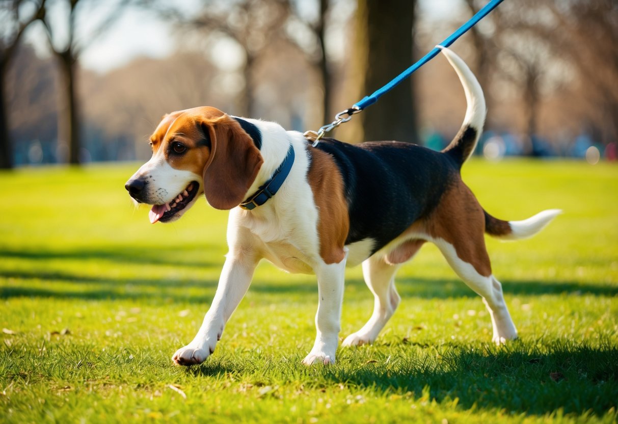 A beagle walks on a leash through a park, sniffing and exploring the surroundings. The sun is shining, and the beagle looks happy and energetic