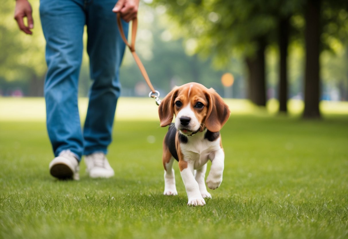 A beagle puppy walks on a leash with a gentle owner in a grassy park. The puppy's tail wags happily as it explores the surroundings