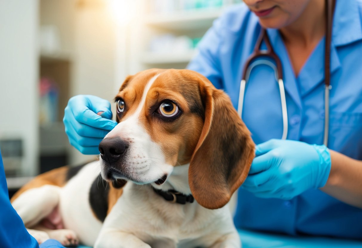 A beagle with drooping eyelid, constricted pupil, and sunken eye receiving treatment from a veterinarian