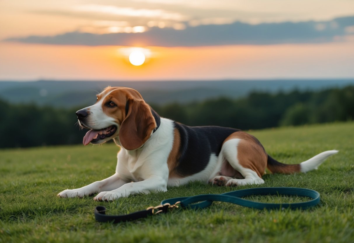 A beagle lies on a grassy hill, panting, with a leash nearby. The sun sets behind a serene, tree-lined horizon