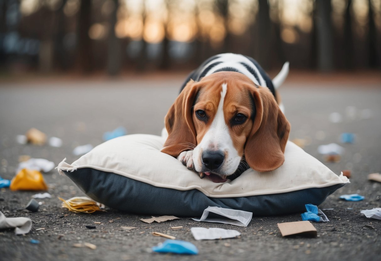 A beagle chewing on a torn pillow, scattered trash around