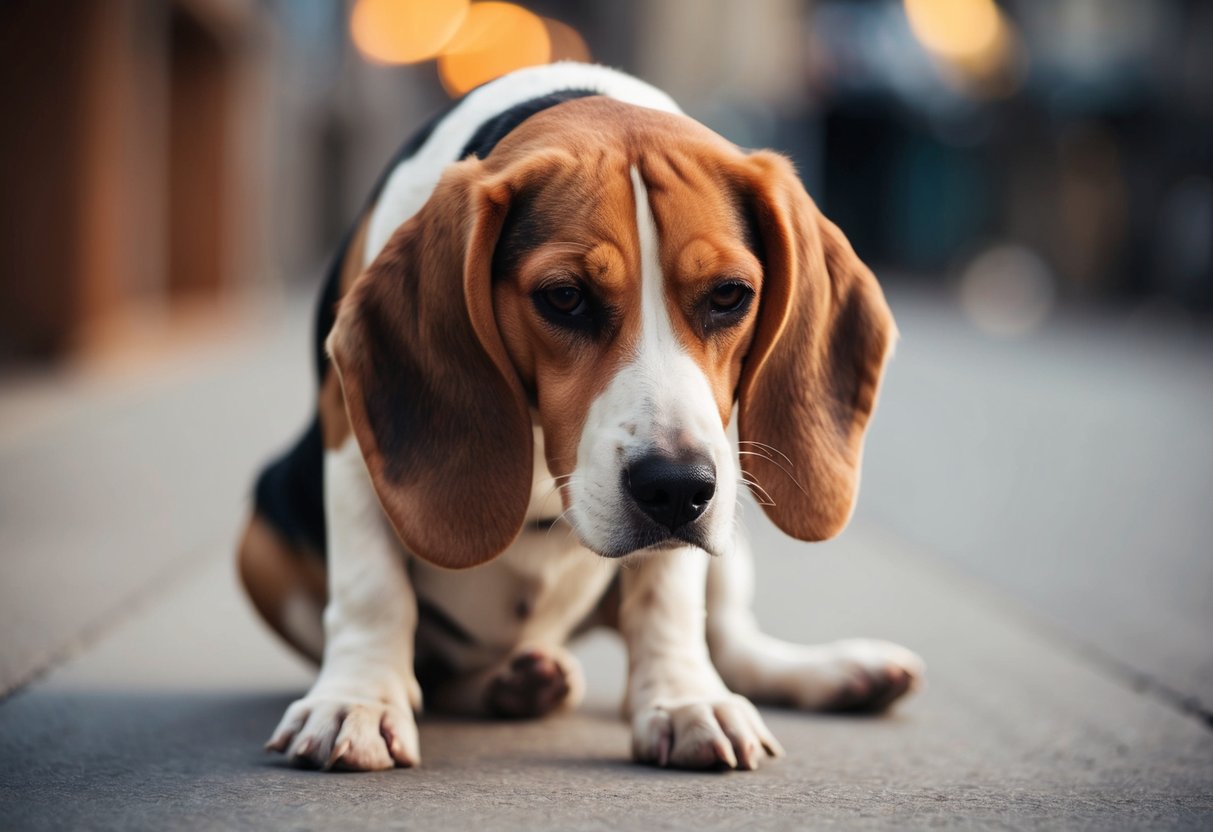 A beagle with droopy ears and a pained expression, hunched over and whimpering, with a visible limp or reluctance to move