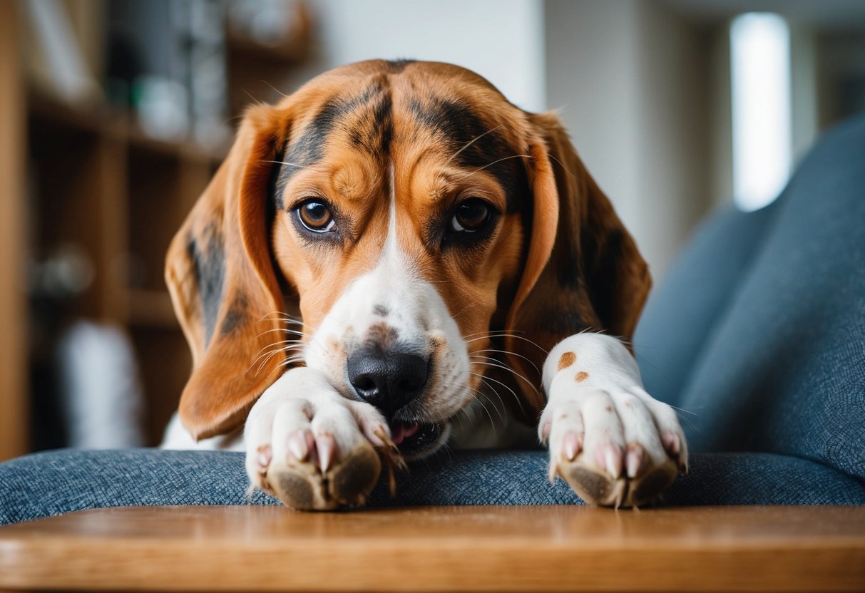 A beagle with tangled fur and dirty paws, chewing on furniture