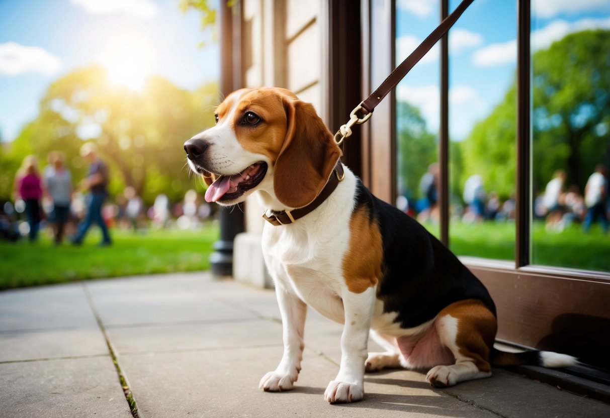 A beagle eagerly waits by the door, leash in mouth, tail wagging. The sun is shining, and the park is bustling with activity