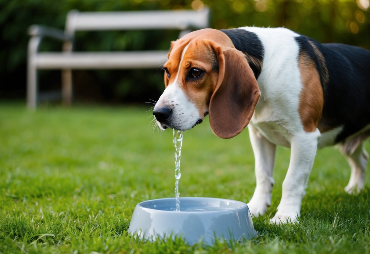 A beagle drinks water from a bowl, then urinates frequently in a grassy backyard