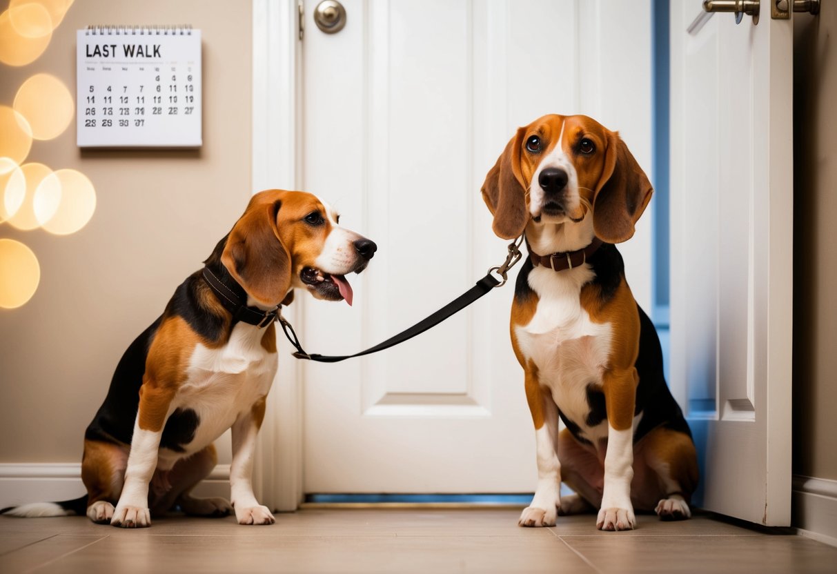 A beagle waits by the door, leash in mouth, eager for a walk. A calendar on the wall marks the last walk
