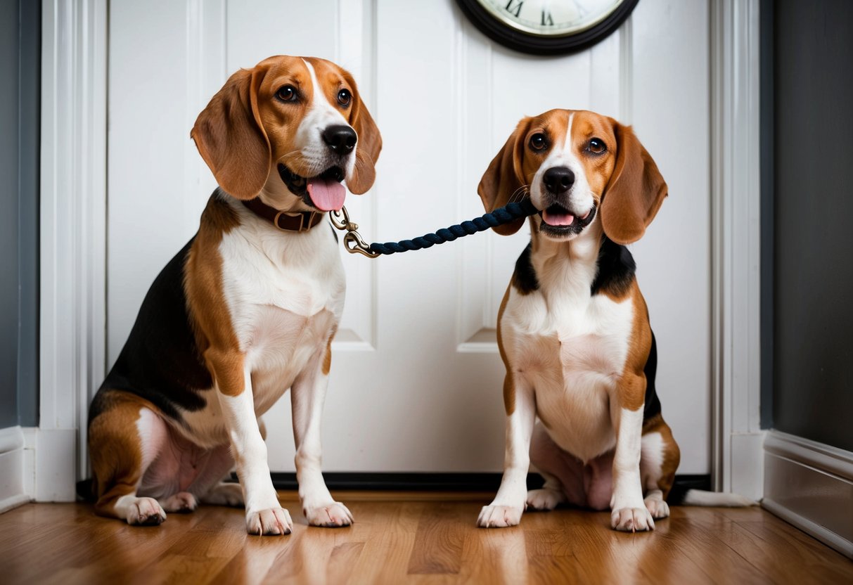 A beagle sitting patiently by the door, leash in mouth, tail wagging eagerly. A clock on the wall shows it's time for a walk