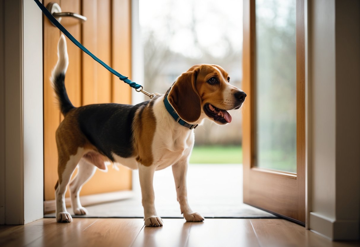 A beagle standing eagerly by the door, leash in mouth, tail wagging, ready for a walk