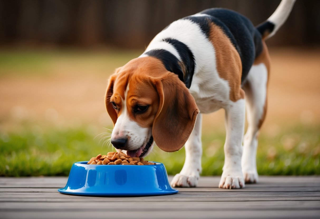 A beagle eagerly eats from a single bowl of food, wagging its tail