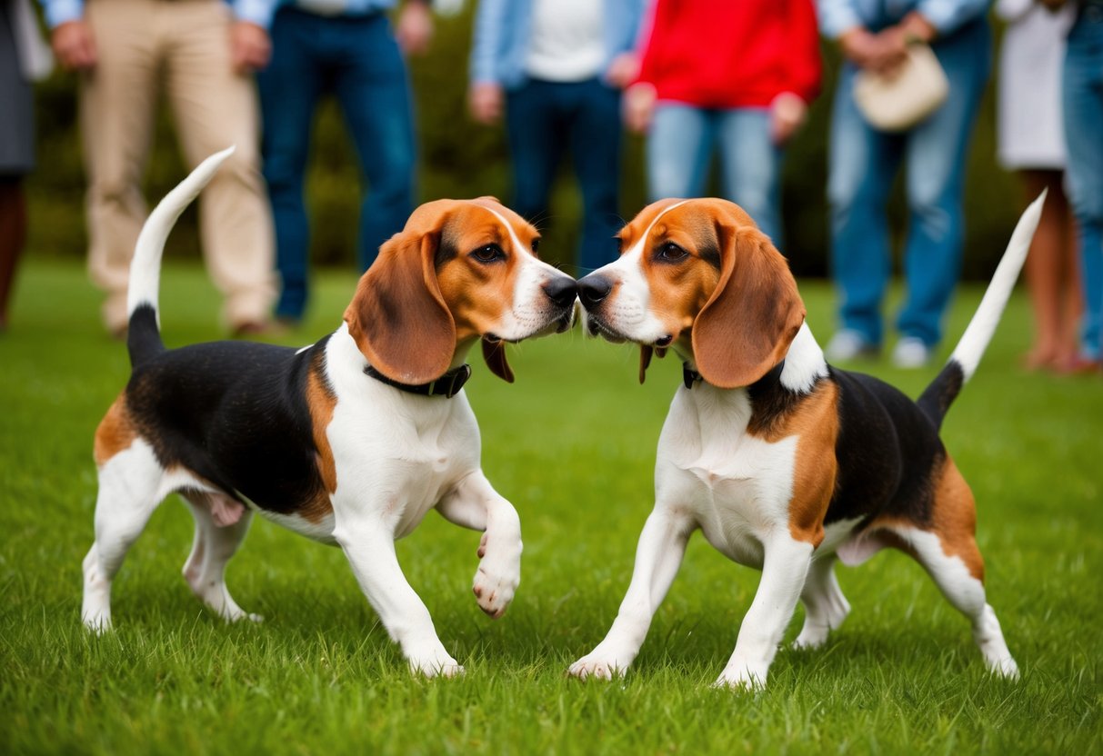 Two beagles side by side, one small and one medium-sized, playing in a grassy field with a group of people admiring them
