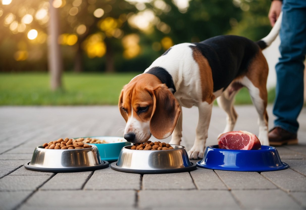 A beagle sniffs various food bowls, including kibble and raw meat, while a person watches nearby