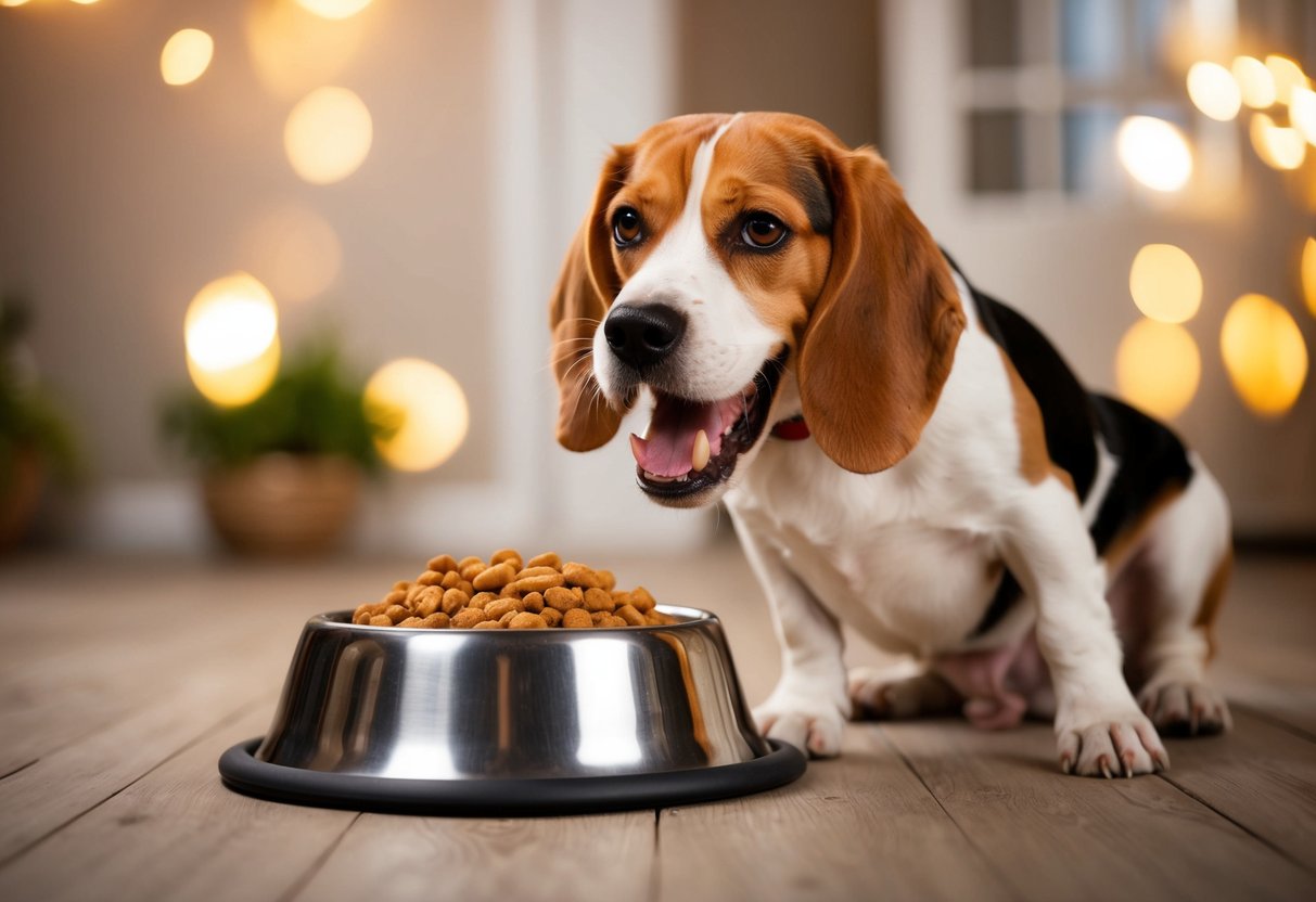 A beagle guards its food bowl, growling and baring its teeth