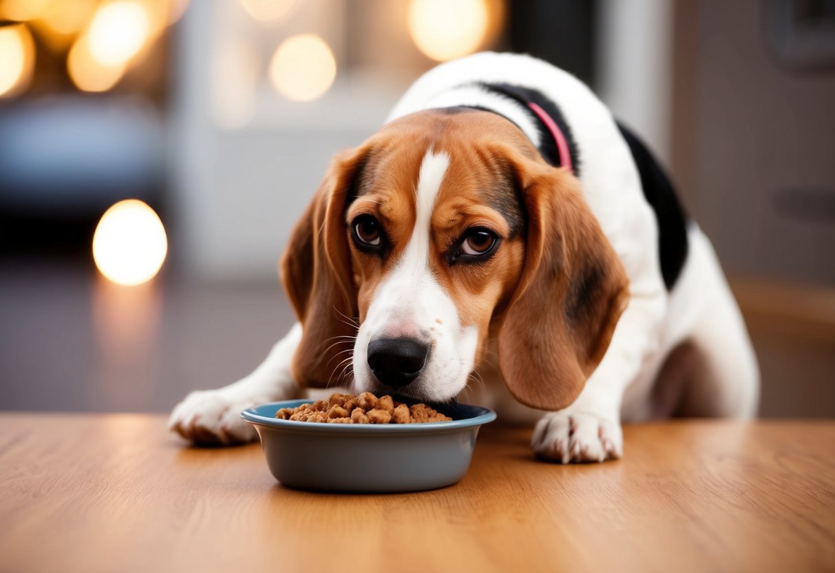 A beagle eagerly eyes a single bowl of food, with a questioning expression on its face