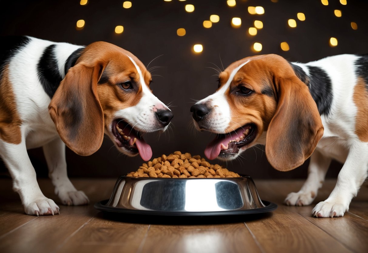 Two beagles snarling over a food bowl, teeth bared and ears flattened