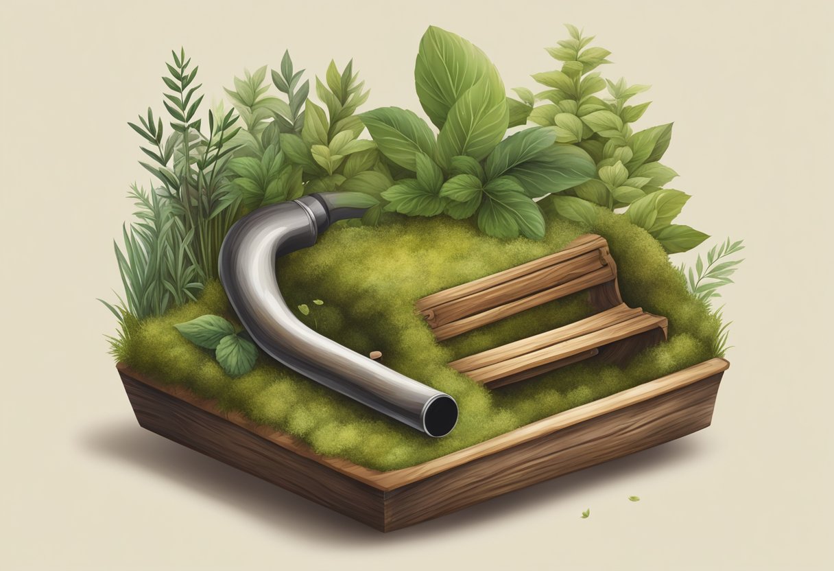 A dugout smoking system with a wooden pipe and herbs, surrounded by nature