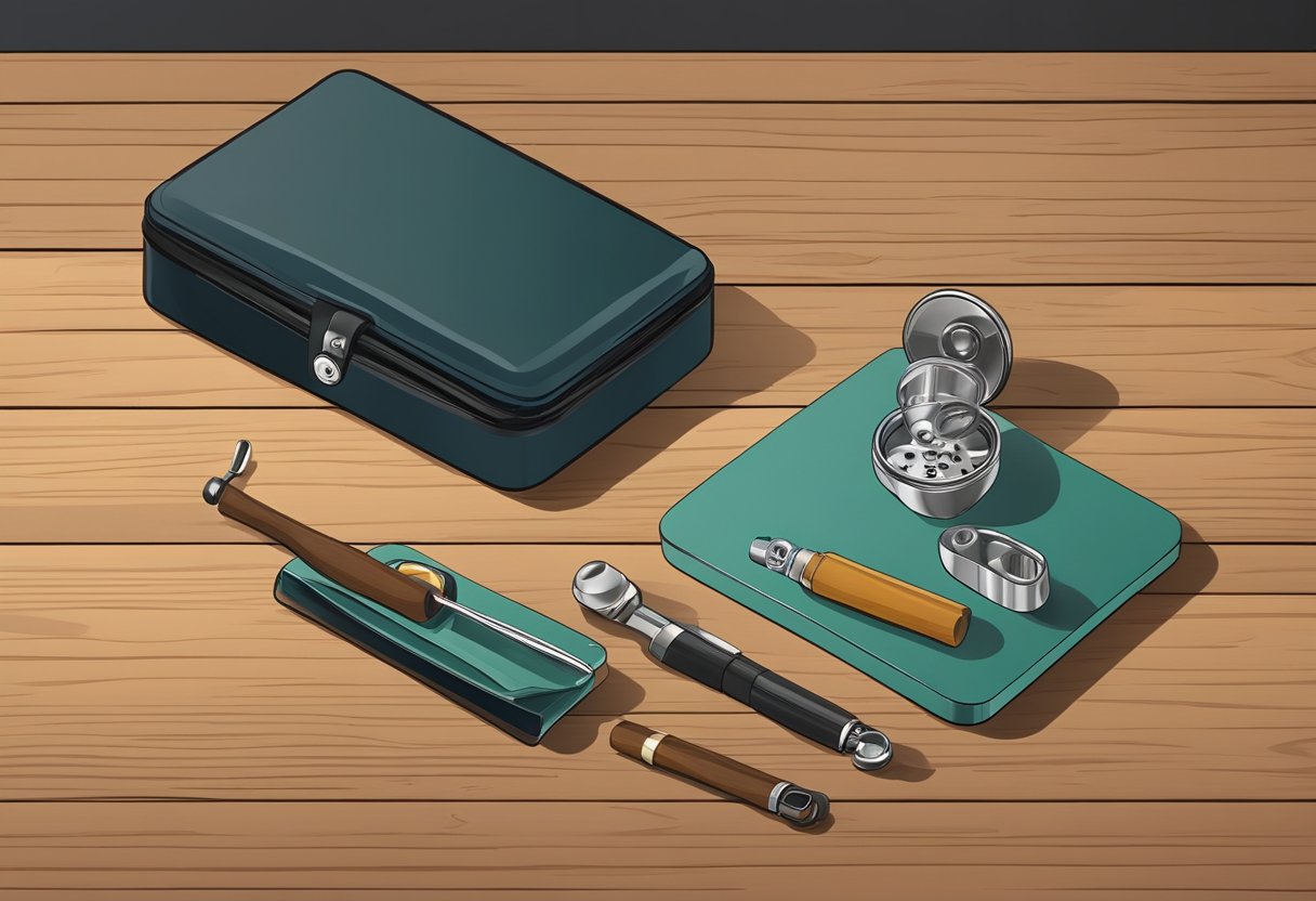 A sleek, compact smoking kit with a grinder, rolling papers, and a small glass pipe on a wooden table