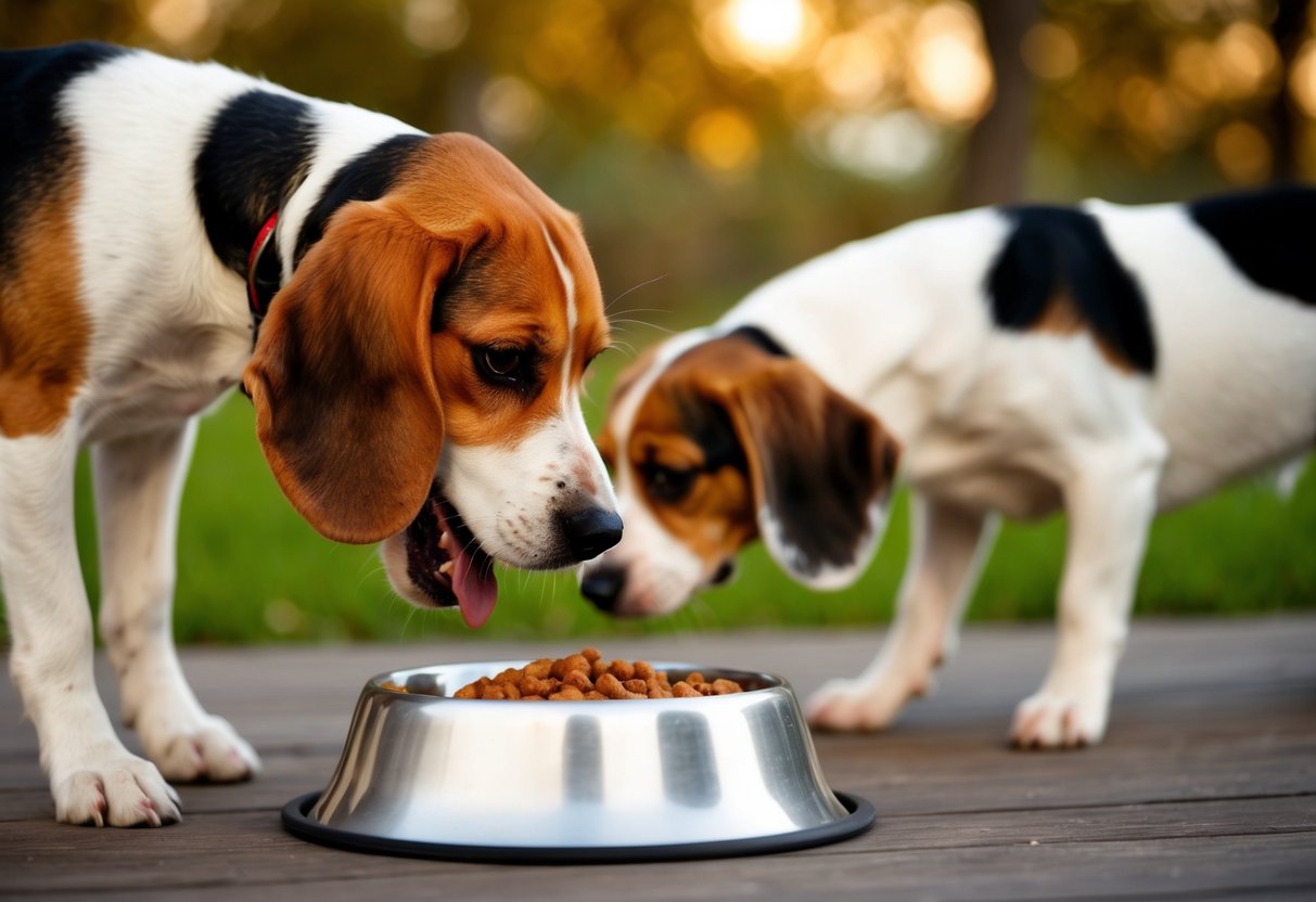 A beagle growls over a food bowl while another dog cowers nearby