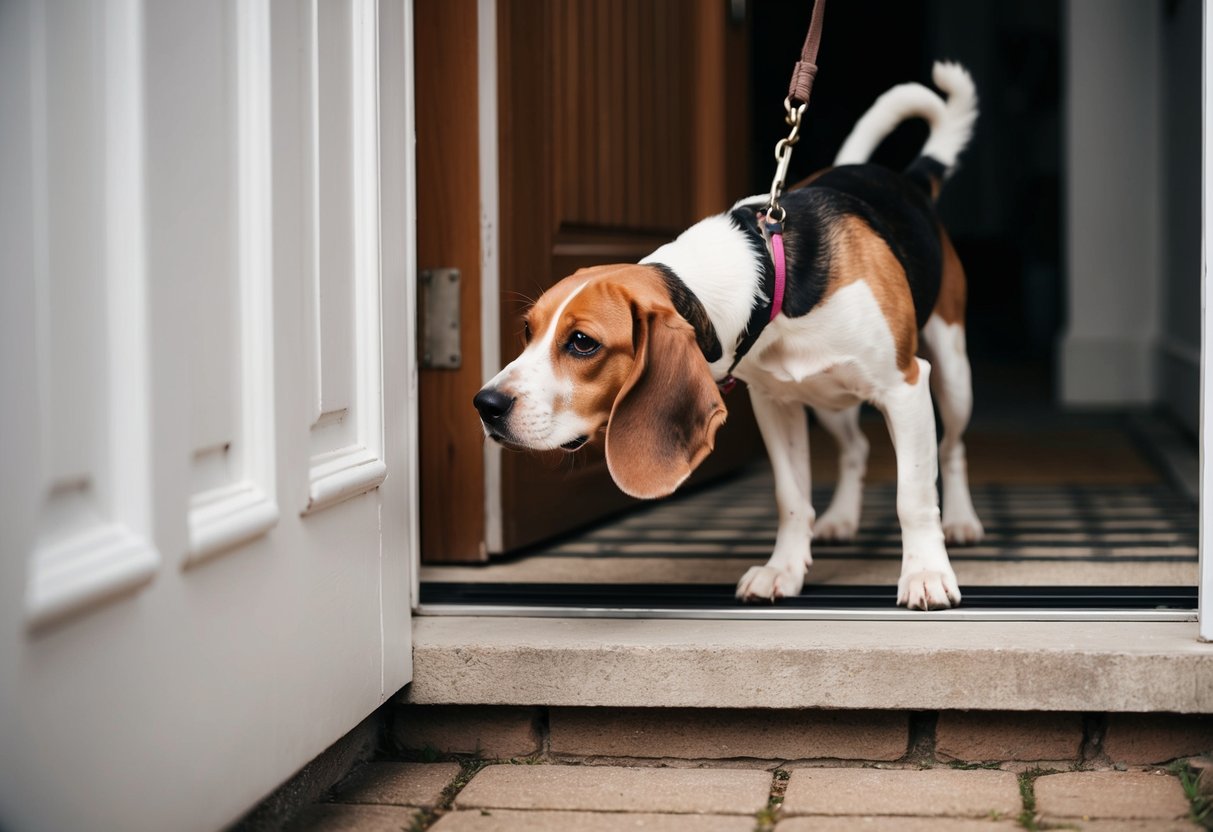 A beagle waits by the door with a wagging tail, ready to go outside for a walk