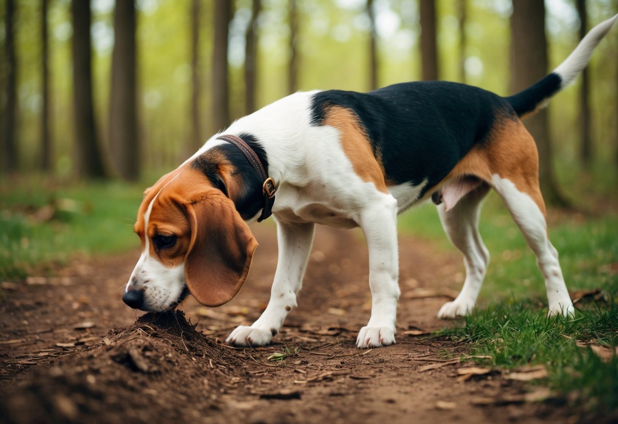 A beagle sniffs the ground, tail wagging, as it follows a scent trail through a forest
