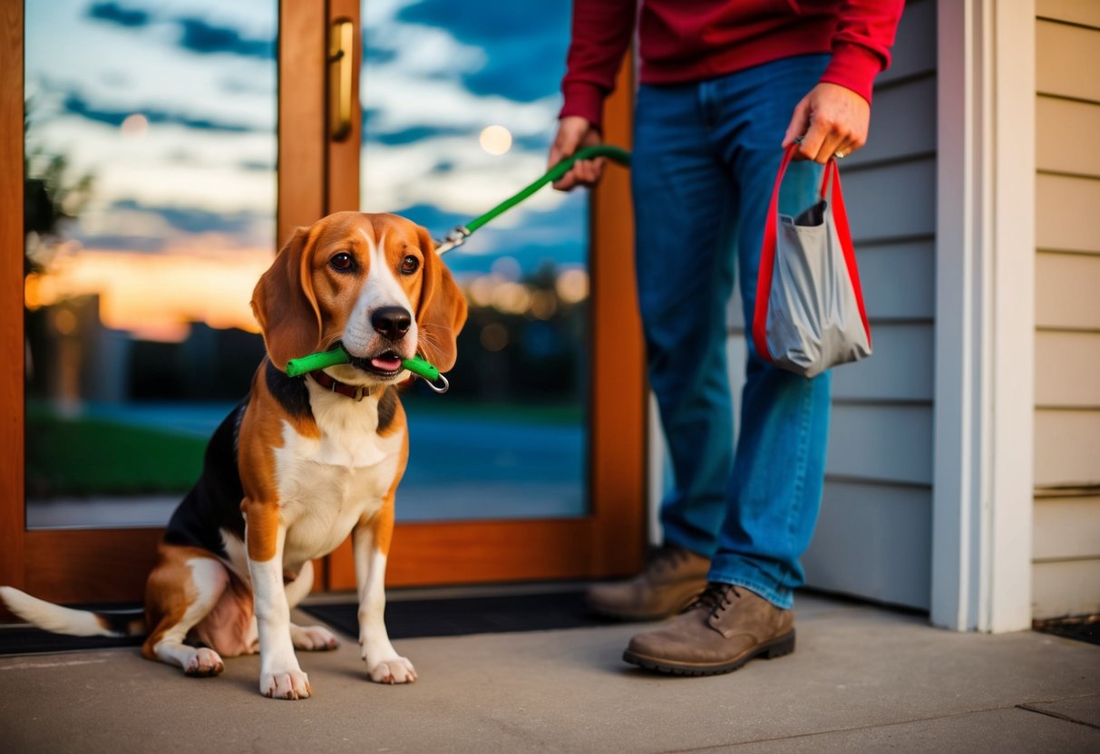 A beagle waits by the door, leash in mouth, while the owner grabs a poop bag. The sun is setting, and the routine evening walk is about to begin