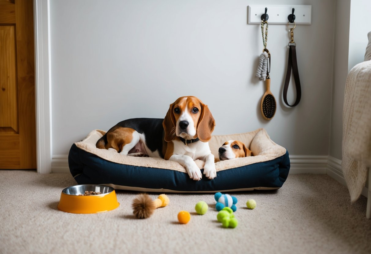 A beagle lounges on a cozy dog bed, surrounded by scattered toys and a food bowl. A brush and leash hang from a hook on the wall