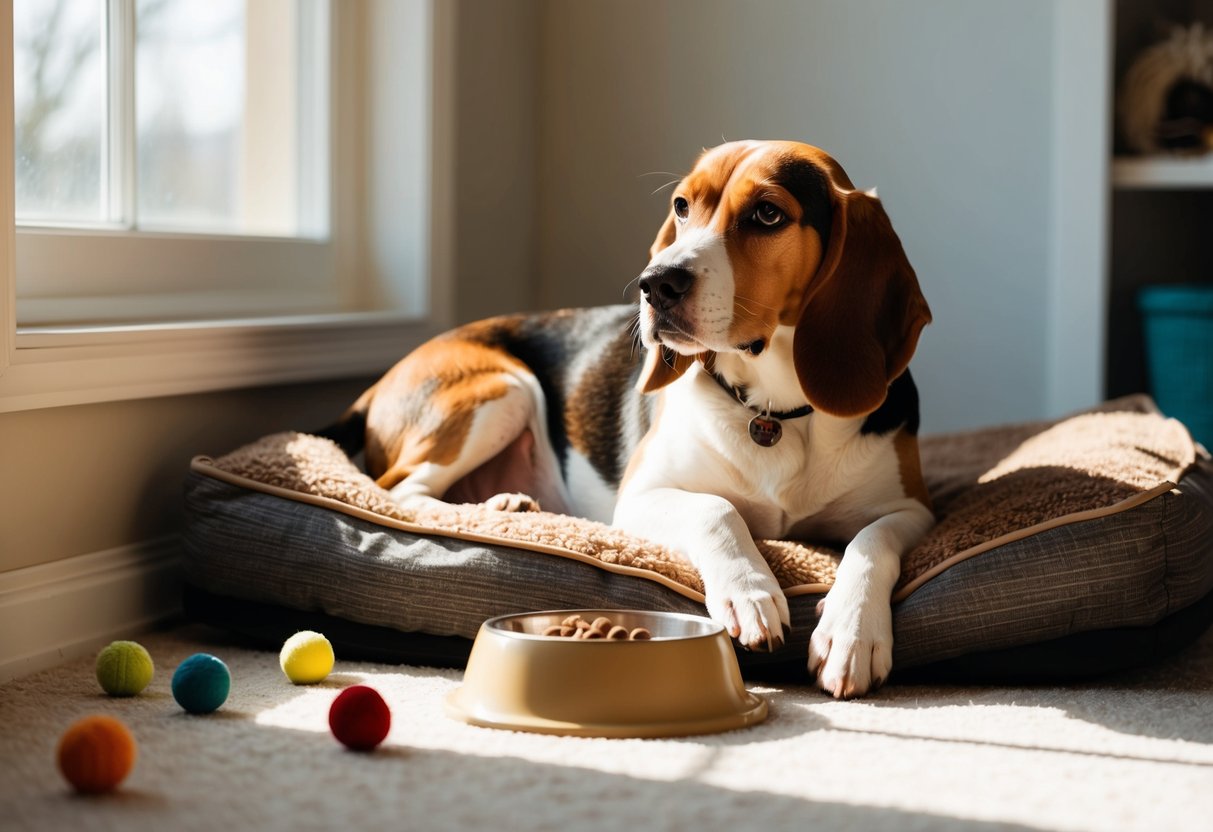 A beagle lounges on a cozy dog bed, surrounded by scattered toys and a food bowl. Sunlight streams in through a window, casting a warm glow on the scene