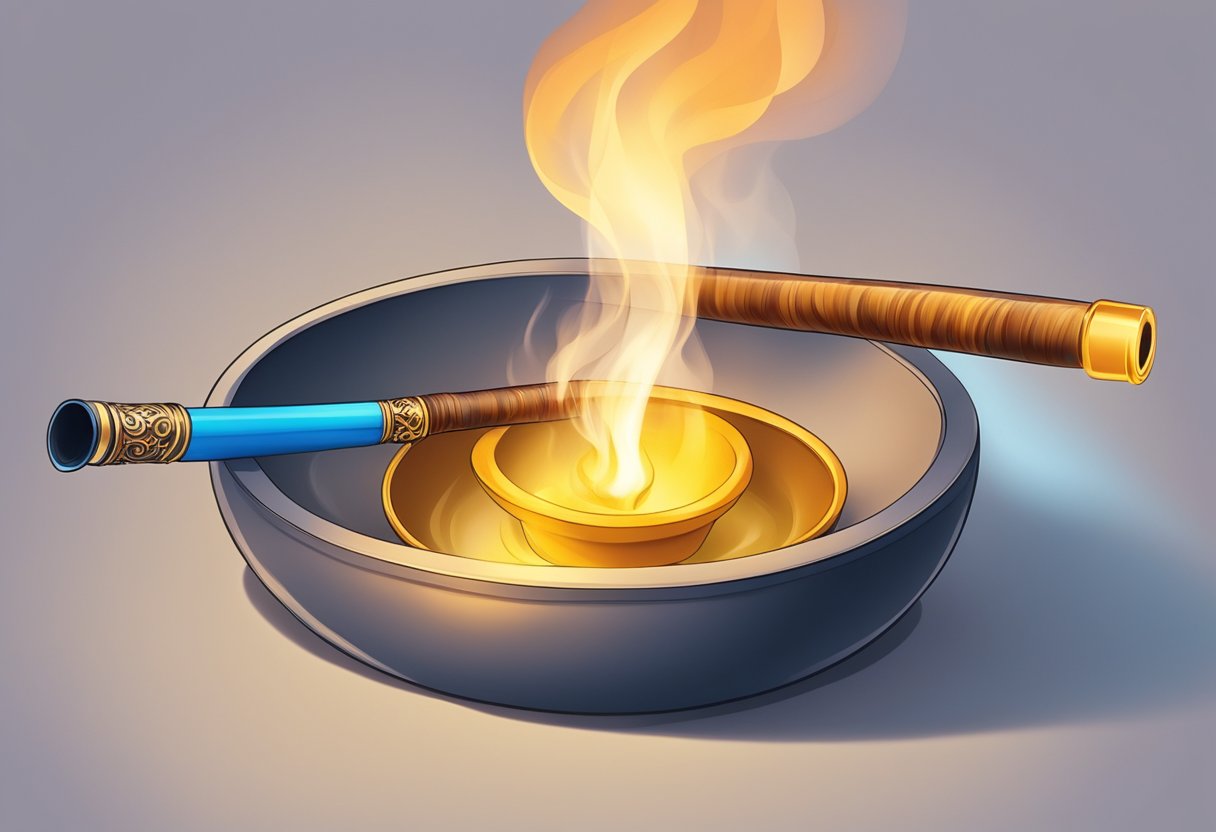 A chillum pipe is being lit with a flame, smoke rising from the bowl as it is being inhaled