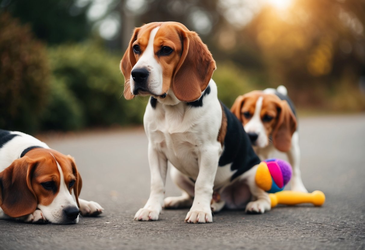 A beagle sitting alone, looking sad, while another beagle plays happily with a toy nearby