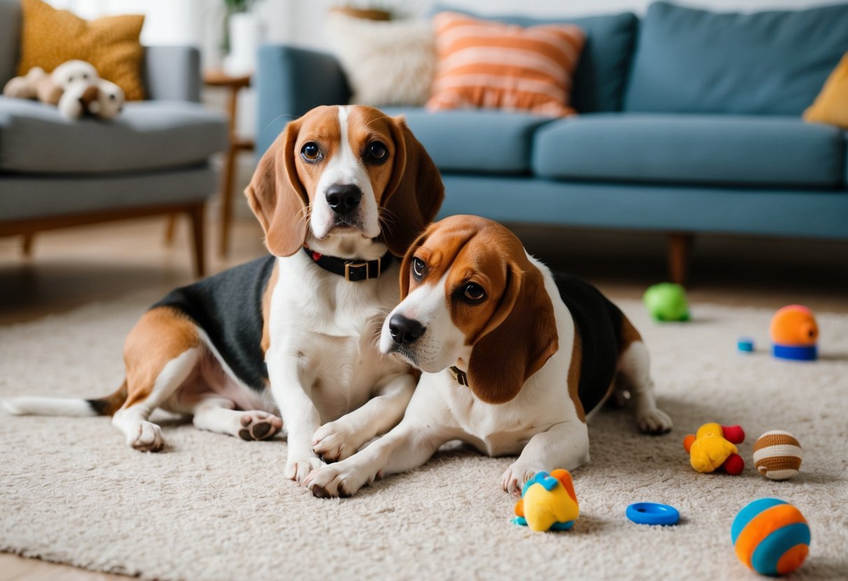 Two beagles playing and cuddling together in a cozy living room with toys scattered around