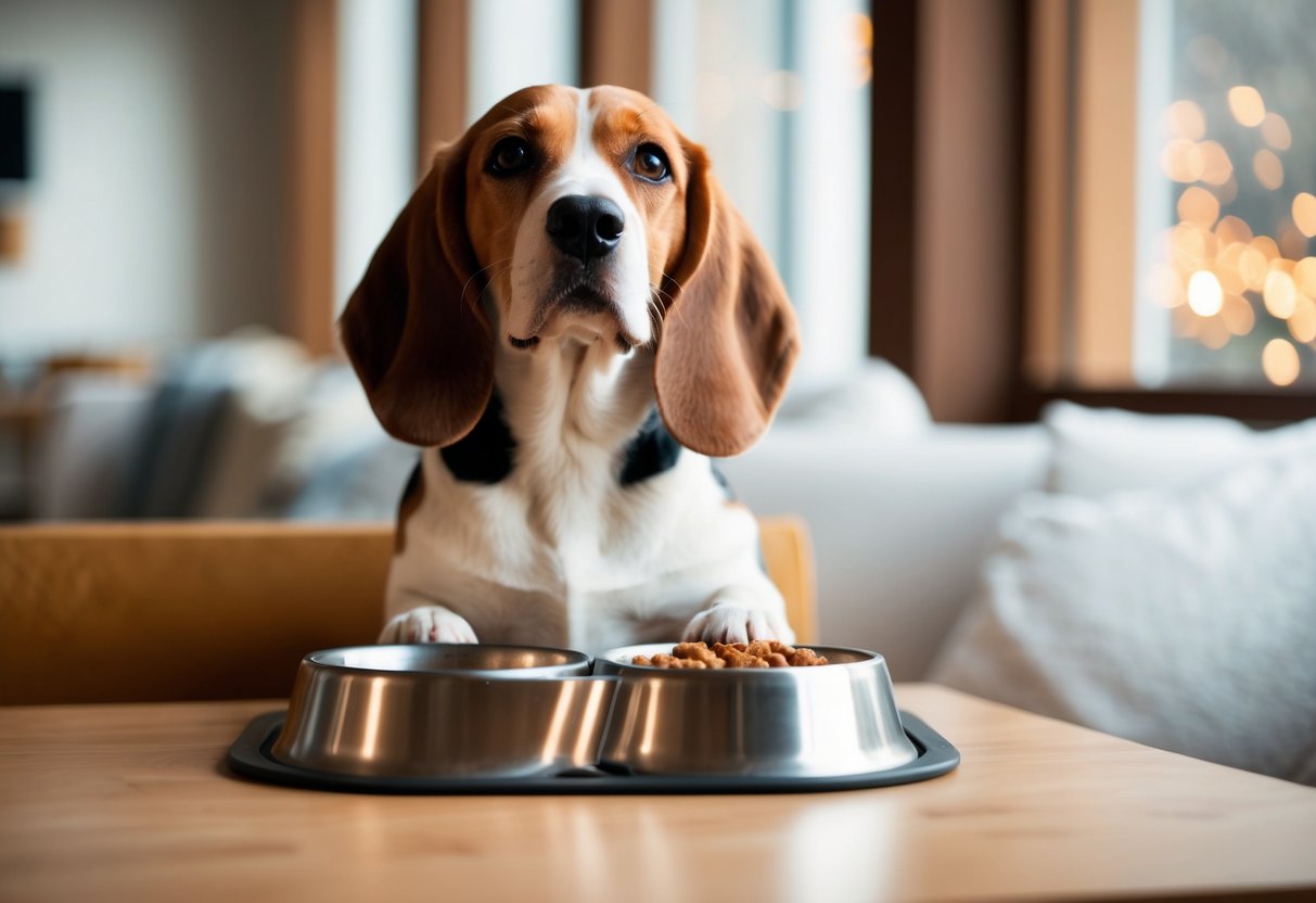 A beagle sits next to a half-empty food bowl, looking content and satisfied