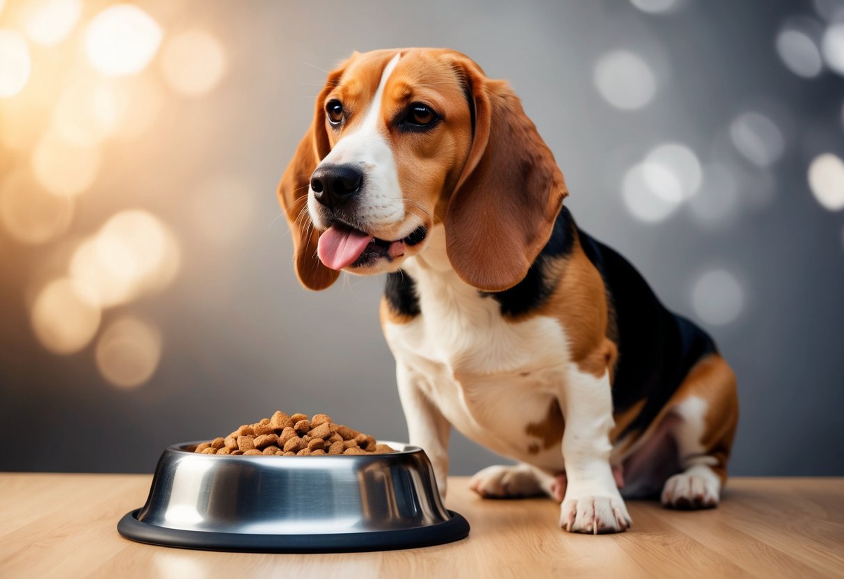 A beagle sitting next to a full food bowl, licking its lips with a satisfied expression, while a contented look in its eyes suggests it knows it has had enough to eat