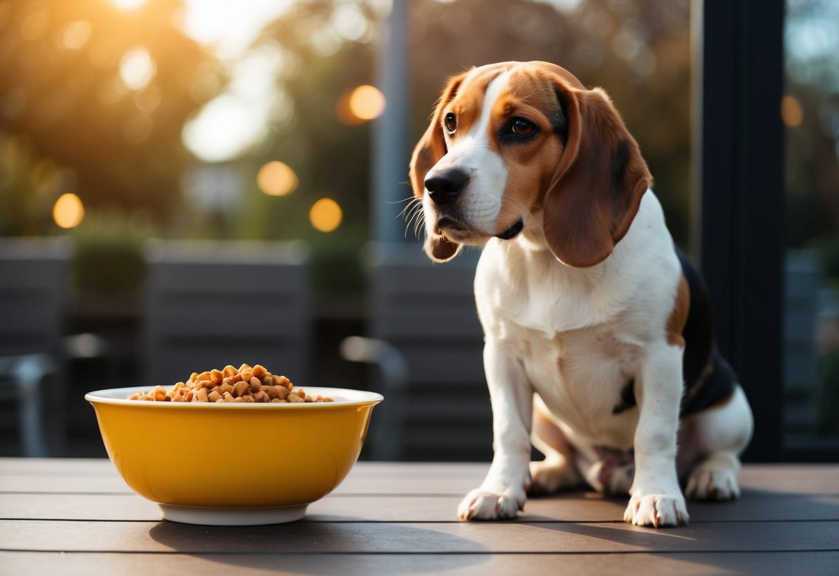 A beagle sits next to a bowl of food, looking content and satisfied after eating