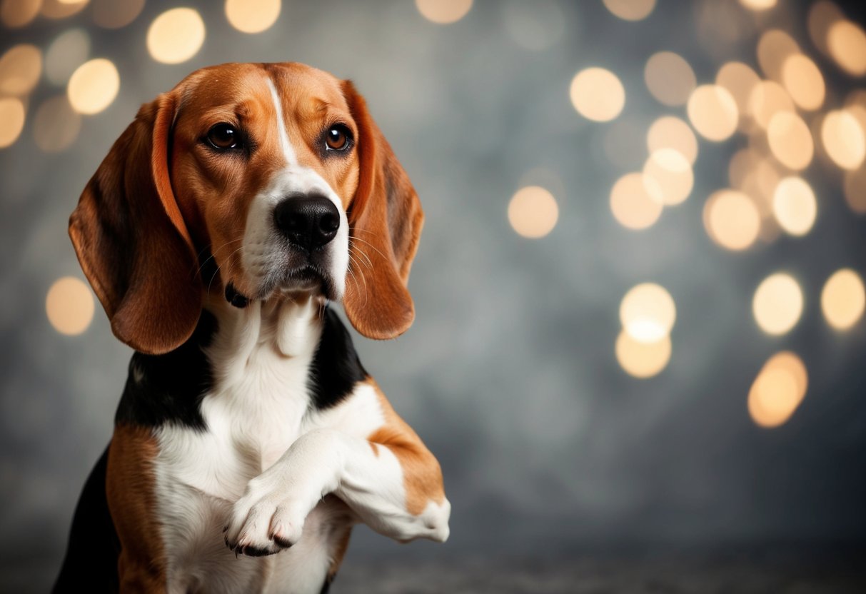 A beagle with a sad expression, panting heavily, and clutching its chest with a paw