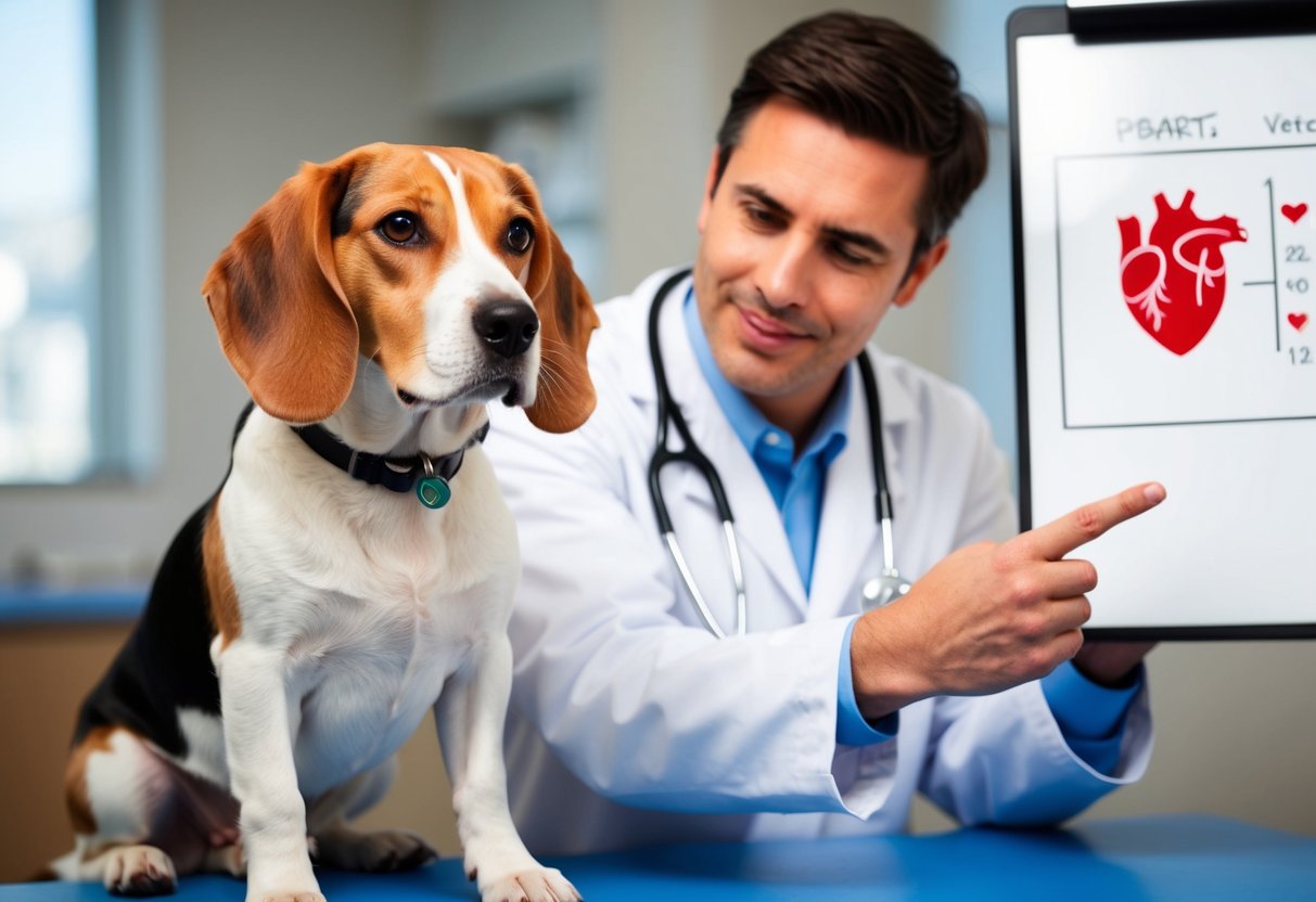 A beagle with a stethoscope around its neck sitting next to a veterinarian, who is pointing to a diagram of a heart on a whiteboard