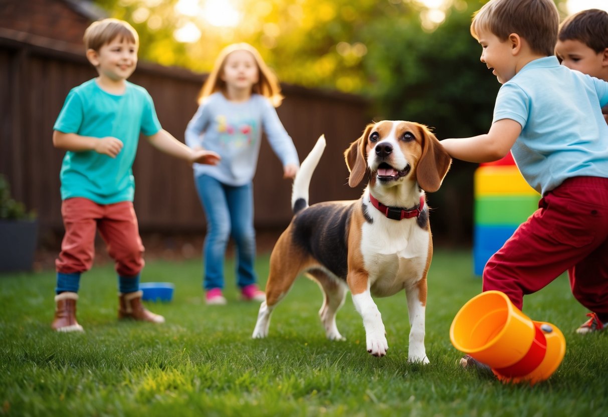 A beagle mix plays with children in a backyard, wagging its tail and looking up at them with a happy expression