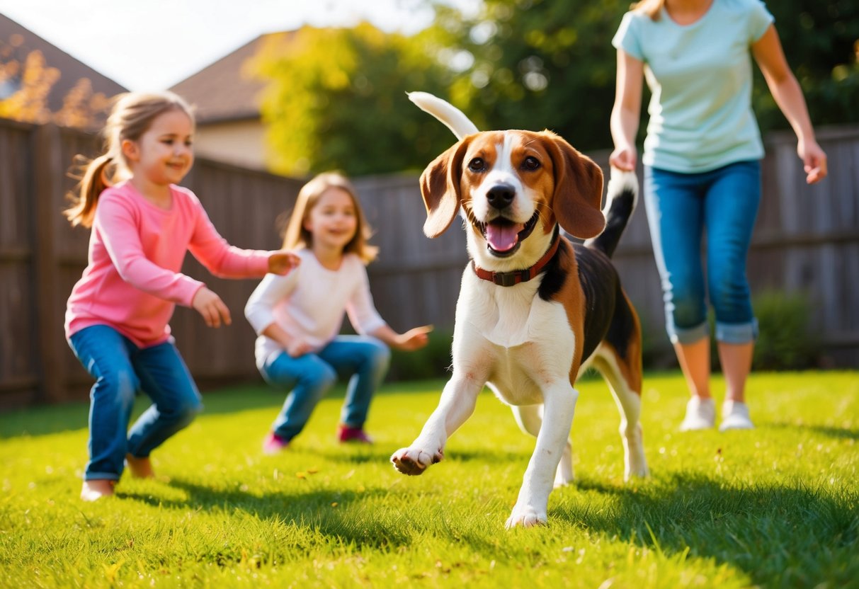 A Beagle mix dog playing with children in a backyard, wagging its tail and looking happy