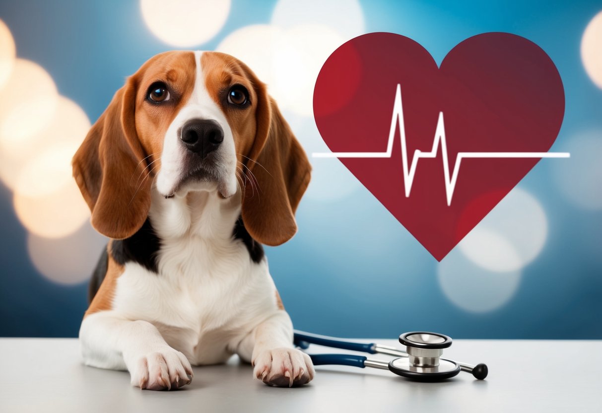 A beagle with a concerned expression, a heart-shaped silhouette in the background, and a stethoscope next to it