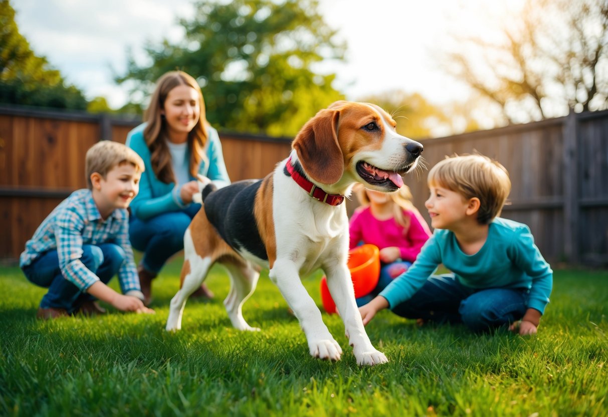 A beagle mix playing with children in a backyard, wagging its tail and looking affectionately at the family