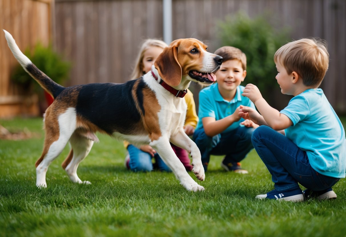 A beagle mix playing with children in a backyard, wagging its tail and looking affectionately at the family