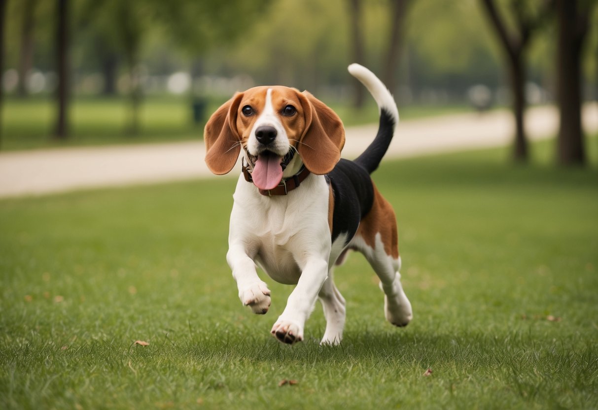 A beagle running through a park, ears flopping, tongue out, with trees and a clear path in the background