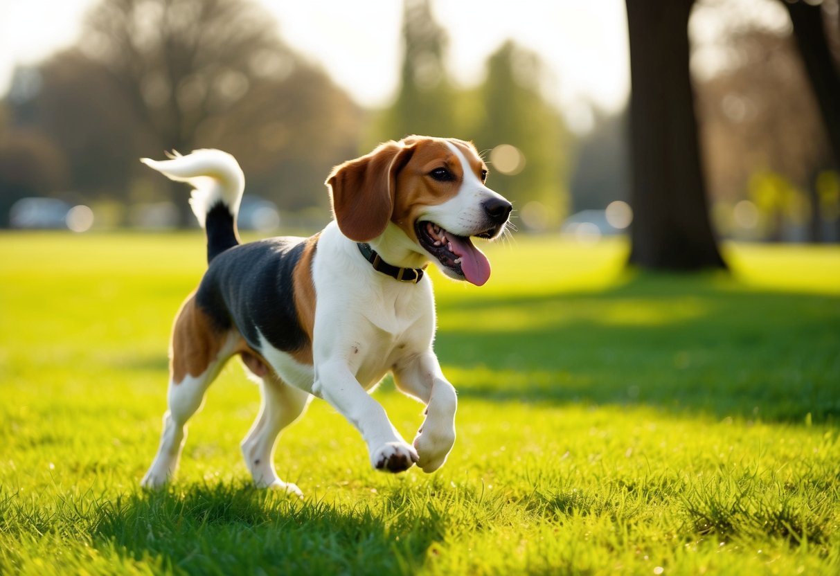A beagle runs through a grassy park, ears flapping, tail wagging, and tongue lolling. The sun shines overhead, casting a warm glow on the scene