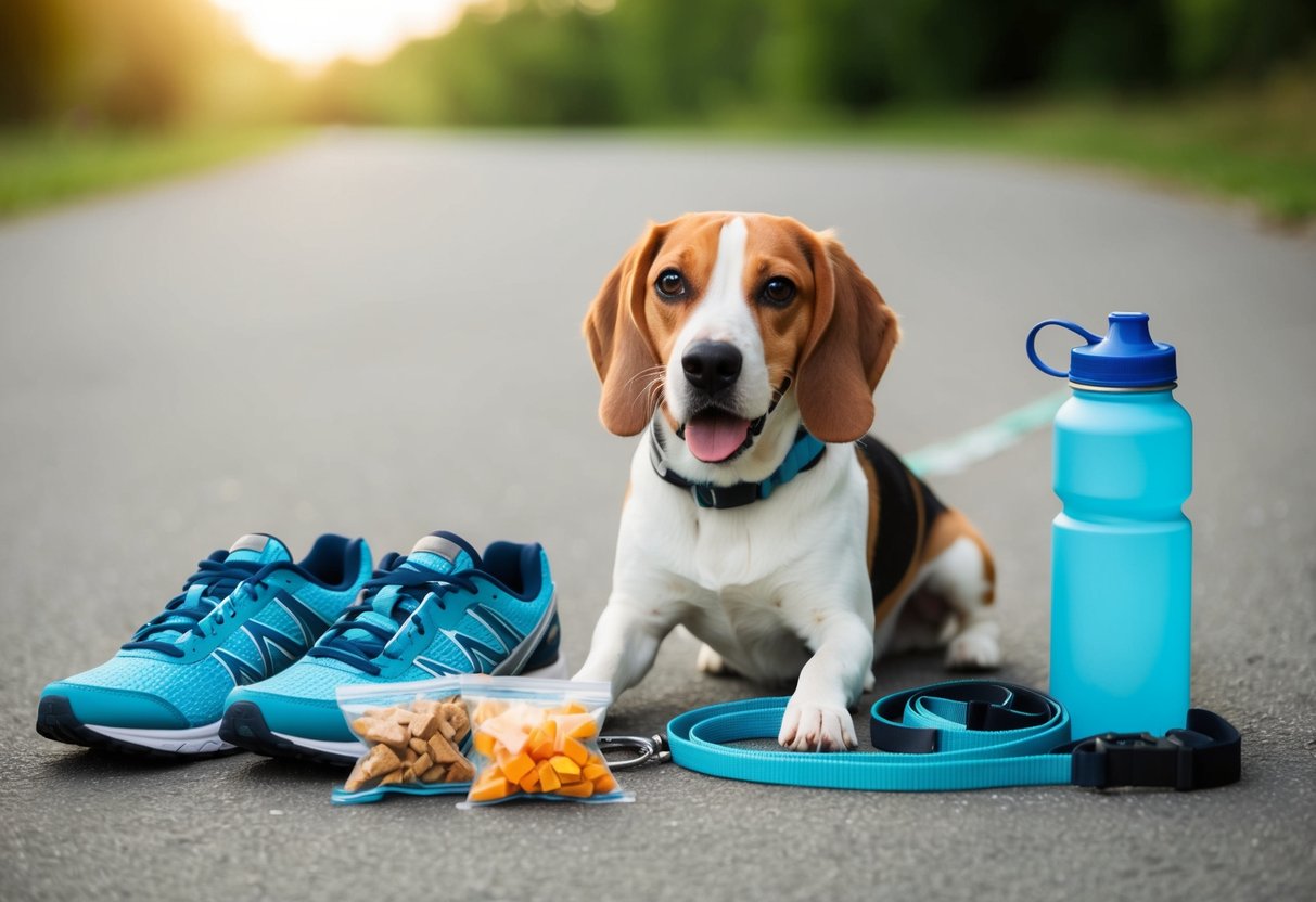 A beagle sits eagerly by a pair of running shoes and a leash, while a water bottle and healthy snacks are laid out nearby