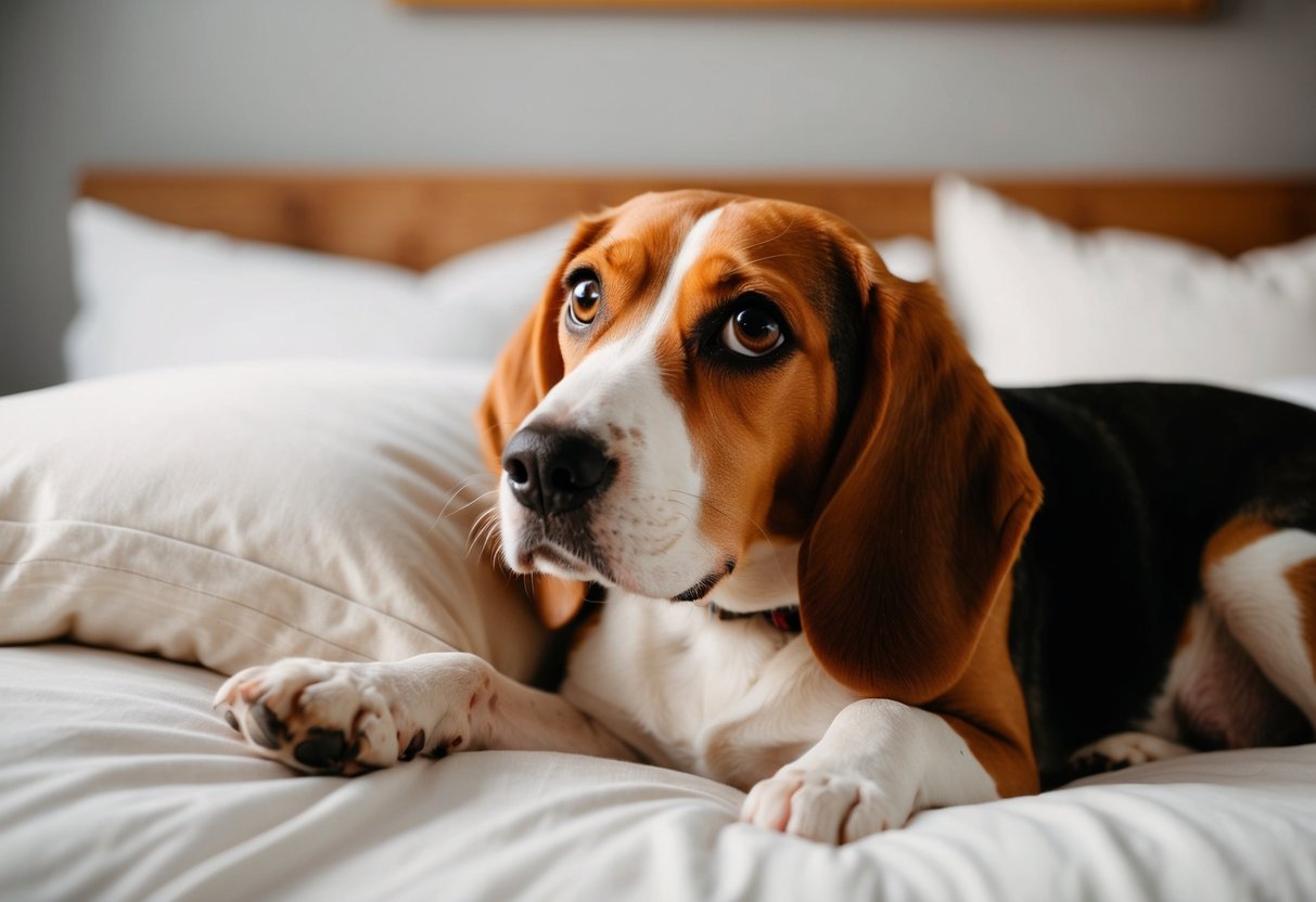 A cozy bed with a beagle curled up next to its owner, looking up with big, pleading eyes