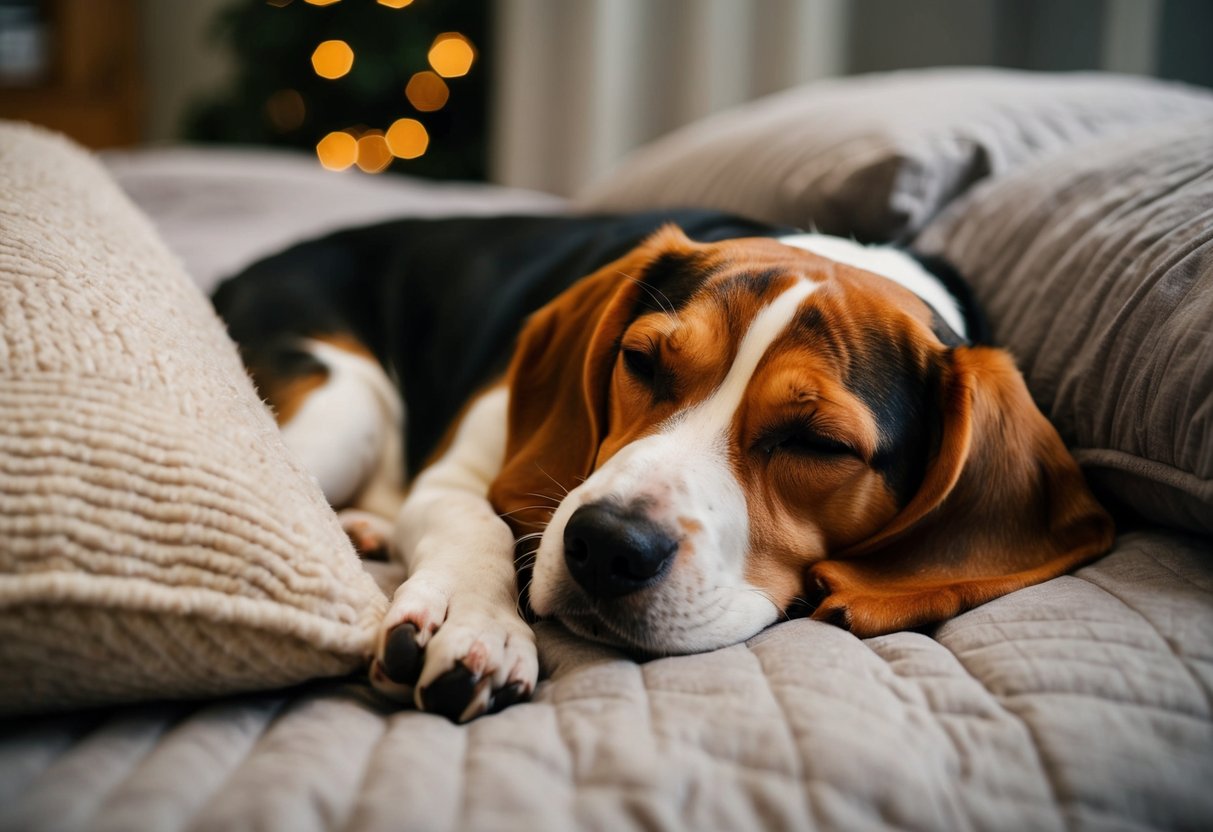 A beagle lies curled up on a cozy bed, nestled next to its owner, both peacefully sleeping