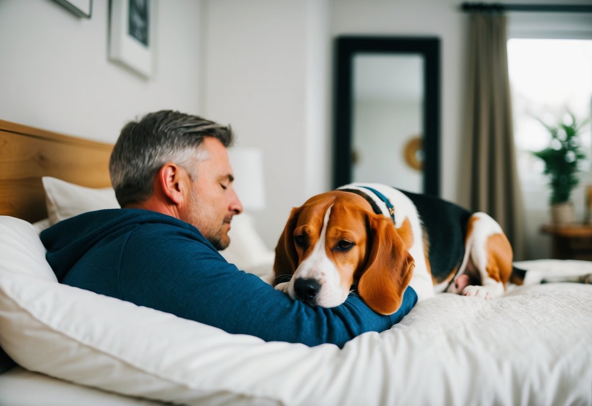 A cozy bedroom with a beagle curled up on a bed next to its owner, seeking comfort and security