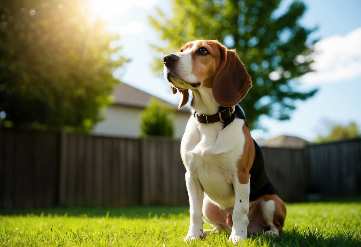 A beagle sits outside in a grassy yard, looking up at the sky with a curious expression. The sun is shining, and there are trees in the background